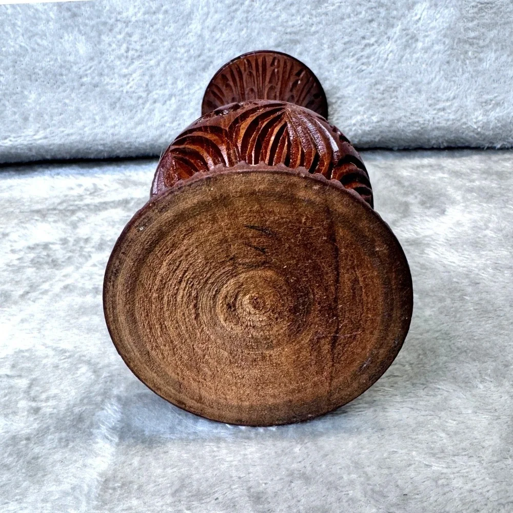 MCM Folk Art Carved Wooden Vase Ornate Floral Design Dark Wood Decorative Accent